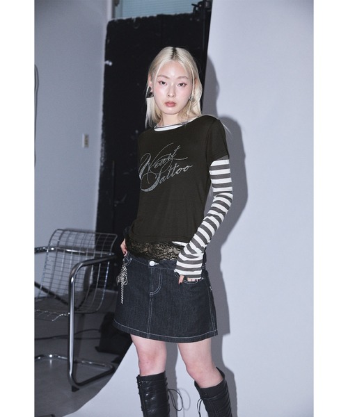 Heart Tattoo(ハートタトゥー)の「Rhinestone Logo T-Shirt & Long Sleeve Tee Set / ラインストーンロゴTシャツ&ロンTee set(Tシャツ/カットソー・レディース・ホワイト×グレー/ブラック系/ピンク系・FREE)」の7枚目の写真