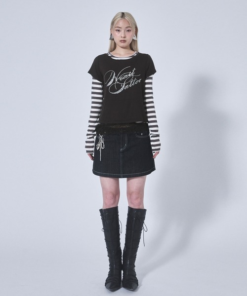 Heart Tattoo(ハートタトゥー)の「Rhinestone Logo T-Shirt & Long Sleeve Tee Set / ラインストーンロゴTシャツ&ロンTee set(Tシャツ/カットソー・レディース・ホワイト×グレー/ブラック系/ピンク系・FREE)」の11枚目の写真