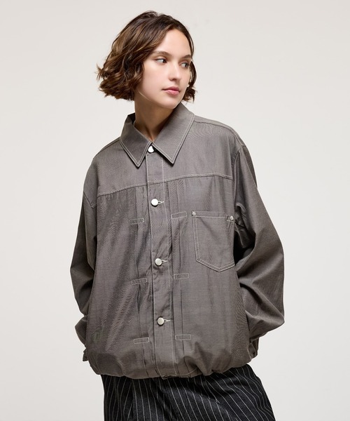 コムデギャルソンシャツ　ペンキプリント　ポリエステルジャケット　グレー　Mサイズ CHAMBRAY TRACKER SHIRT JACKET / シャンブレートラッカーシャツ
