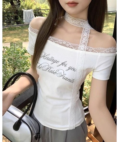 CHEER（チアー）の「レース切り替えタイ付きオフショルプリントトップス（Tシャツ/カットソー・レディース・ホワイト/グレー・M）」の3枚目の写真