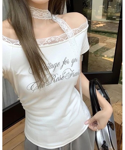 CHEER（チアー）の「レース切り替えタイ付きオフショルプリントトップス（Tシャツ/カットソー・レディース・ホワイト/グレー・M）」の9枚目の写真