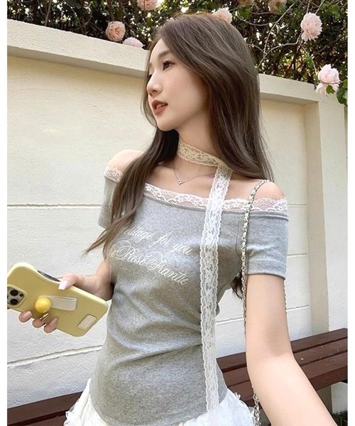 CHEER（チアー）の「レース切り替えタイ付きオフショルプリントトップス（Tシャツ/カットソー・レディース・ホワイト/グレー・M）」の10枚目の写真