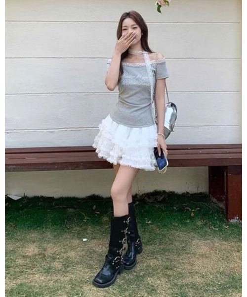CHEER（チアー）の「レース切り替えタイ付きオフショルプリントトップス（Tシャツ/カットソー・レディース・ホワイト/グレー・M）」の12枚目の写真