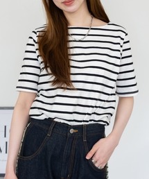 ボーダー5分袖トップス カットソー シンプル カジュアル レディース 半袖 ボーダー きれいめ 夏服