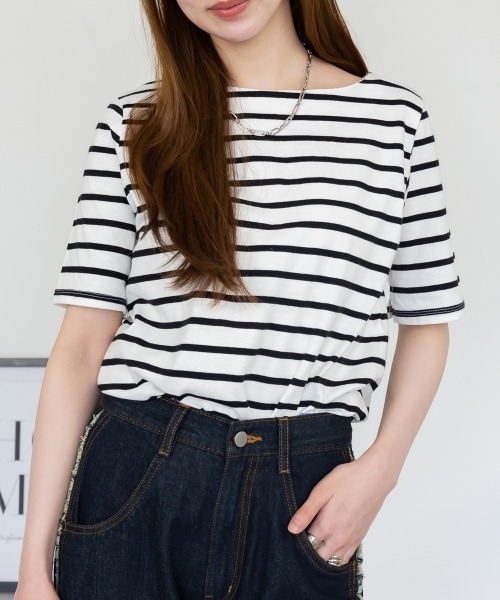 aity（アイティ）の「ボーダー5分袖トップス カットソー シンプル カジュアル レディース 半袖 ボーダー きれいめ 夏服（Tシャツ/カットソー・レディース・ホワイト×ブラック/ブラック×ホワイト・LL/3L/4L/M/L）」の2枚目の写真