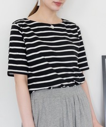 ボーダー5分袖トップス カットソー シンプル カジュアル レディース 半袖 ボーダー きれいめ 夏服