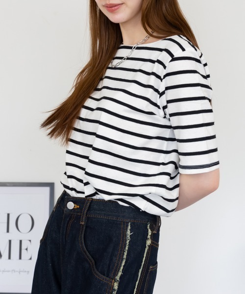 aity（アイティ）の「ボーダー5分袖トップス カットソー シンプル カジュアル レディース 半袖 ボーダー きれいめ 夏服（Tシャツ/カットソー・レディース・ホワイト×ブラック/ブラック×ホワイト・LL/3L/4L/M/L）」の3枚目の写真