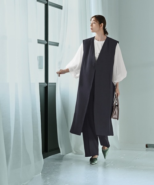 STYLE DELI(スタイルデリ)の「【Kana Oyama×BLK001】ロングジレ(ノーカラージャケット・レディース・ネイビー/ブラック・FREE)」の3枚目の写真