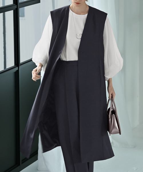 STYLE DELI(スタイルデリ)の「【Kana Oyama×BLK001】ロングジレ(ノーカラージャケット・レディース・ネイビー/ブラック・FREE)」の4枚目の写真