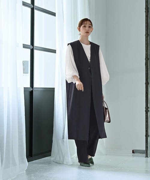 STYLE DELI(スタイルデリ)の「【Kana Oyama×BLK001】ロングジレ(ノーカラージャケット・レディース・ネイビー/ブラック・FREE)」の6枚目の写真