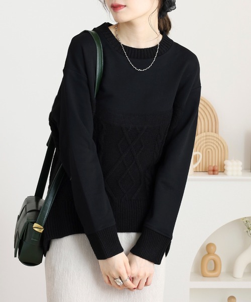 EGLANTINE（エグランティーヌ）の「EGLANTINE ニット切り替えカットソー（Tシャツ/カットソー・レディース・カーキ/ライトベージュ/ブラック・38）」の2枚目の写真