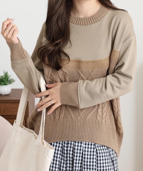 EGLANTINE（エグランティーヌ）の「EGLANTINE ニット切り替えカットソー（Tシャツ/カットソー・レディース・カーキ/ライトベージュ/ブラック・38）」の16枚目の写真