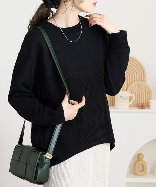 EGLANTINE（エグランティーヌ）の「EGLANTINE ニット切り替えカットソー（Tシャツ/カットソー・レディース・カーキ/ライトベージュ/ブラック・38）」の7枚目の写真