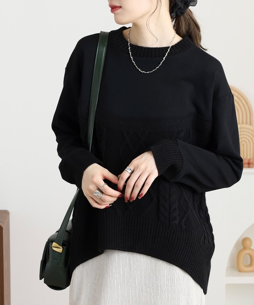 EGLANTINE（エグランティーヌ）の「EGLANTINE ニット切り替えカットソー（Tシャツ/カットソー・レディース・カーキ/ライトベージュ/ブラック・38）」の5枚目の写真