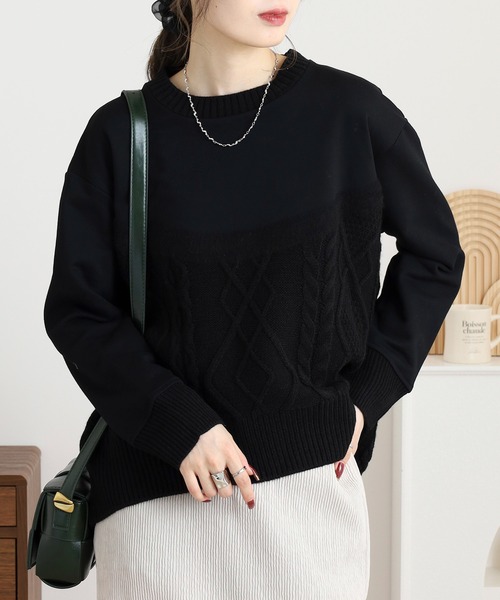 EGLANTINE（エグランティーヌ）の「EGLANTINE ニット切り替えカットソー（Tシャツ/カットソー・レディース・カーキ/ライトベージュ/ブラック・38）」の4枚目の写真