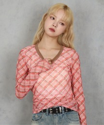 BARELY BLUE（ベアリーブルー）の「【 BARELY BLUE / ベアリーブルー 】 シアー クロス チェック ロンT（Tシャツ/カットソー）」