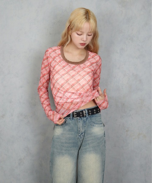 BARELY BLUE（ベアリーブルー）の「【 BARELY BLUE / ベアリーブルー 】 シアー クロス チェック ロンT（Tシャツ/カットソー・レディース・ピンク/ブルー・FREE）」の12枚目の写真