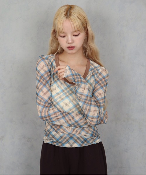 BARELY BLUE（ベアリーブルー）の「【 BARELY BLUE / ベアリーブルー 】 シアー クロス チェック ロンT（Tシャツ/カットソー・レディース・ピンク/ブルー・FREE）」の7枚目の写真