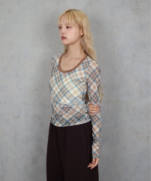 BARELY BLUE（ベアリーブルー）の「【 BARELY BLUE / ベアリーブルー 】 シアー クロス チェック ロンT（Tシャツ/カットソー・レディース・ピンク/ブルー・FREE）」の8枚目の写真