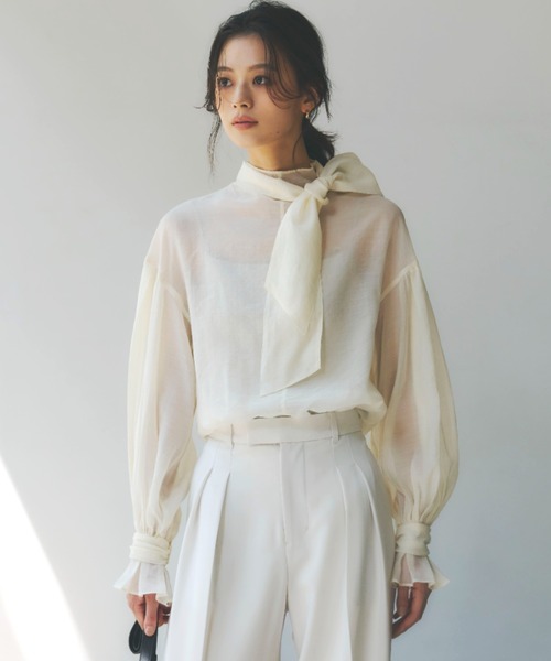 anuans（アニュアンス）の「ハイネックシアーボウタイブラウス（シャツ/ブラウス・レディース・ブラック/アイボリー/イエロー・FREE）」の7枚目の写真