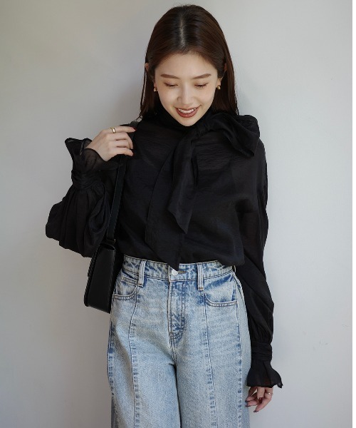 anuans（アニュアンス）の「ハイネックシアーボウタイブラウス（シャツ/ブラウス・レディース・ブラック/アイボリー/イエロー・FREE）」の14枚目の写真