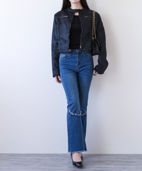 gossip！ロサンゼルス（ゴシップロサンゼルス）の「フリンジアクセント フレアデニム（デニムパンツ・レディース・ブルー・M/L/XL）」の5枚目の写真