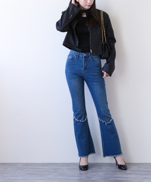 gossip！ロサンゼルス（ゴシップロサンゼルス）の「フリンジアクセント フレアデニム（デニムパンツ・レディース・ブルー・M/L/XL）」の10枚目の写真