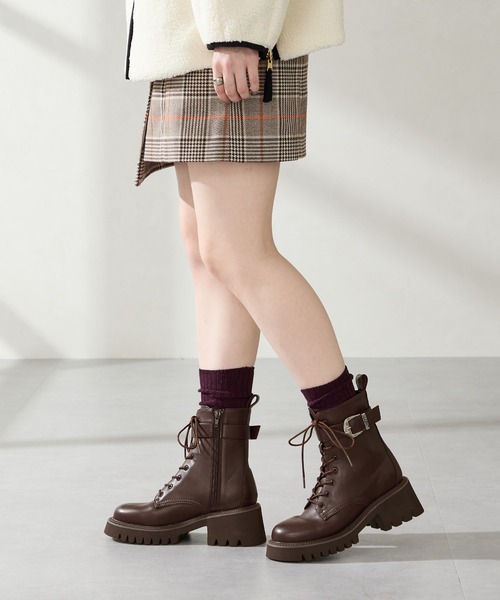 セール】厚底 バックルベルト ミドル レースアップ ミドルブーツ