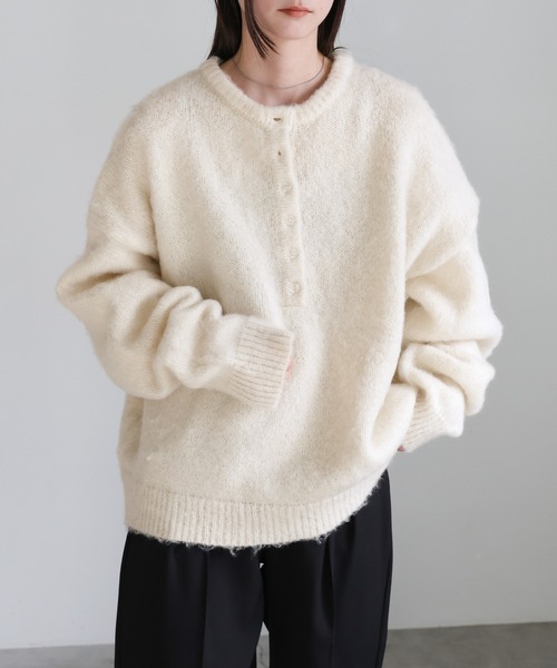 セール】ウールタッチヘンリーネックオーバーニット（ニット/セーター