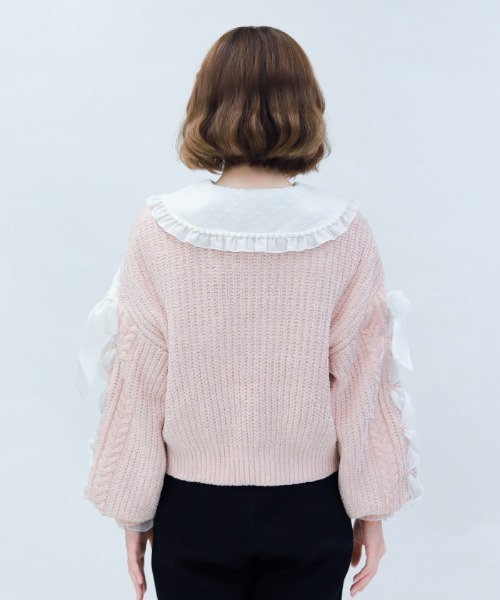 axes femme POETIQUE(アクシーズファムポエティック)の「レースアップモールニットカーディガン(カーディガン/ボレロ・レディース・キナリ/ピンク/パープル・MEDIUM)」の6枚目の写真