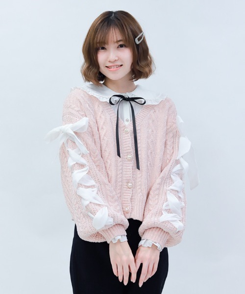 axes femme POETIQUE(アクシーズファムポエティック)の「レースアップモールニットカーディガン(カーディガン/ボレロ・レディース・キナリ/ピンク/パープル・MEDIUM)」の4枚目の写真