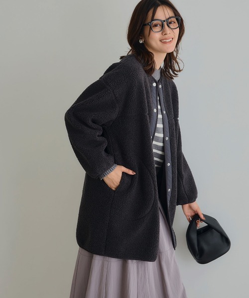 CROSS FUNCTION（クロスファンクション）の「《洗える》エブ楽 ボアノーカラーコート【CROSS FUNCTION/クロスファンクション】（ノーカラーコート・レディース・アイボリー/チャコールグレー/ブラック/モカ・LL/L/M）」の3枚目の写真