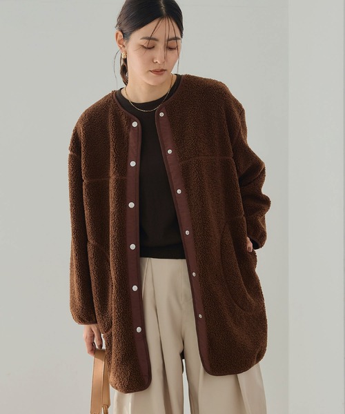 CROSS FUNCTION（クロスファンクション）の「《洗える》エブ楽 ボアノーカラーコート【CROSS FUNCTION/クロスファンクション】（ノーカラーコート・レディース・アイボリー/チャコールグレー/ブラック/モカ・LL/L/M）」の4枚目の写真