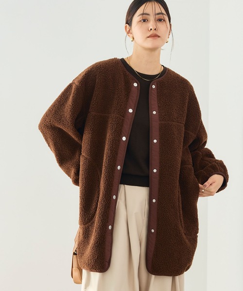 nofl ブラウン ノーカラーコート セール】《洗える》エブ楽 ボアノーカラーコート【CROSS FUNCTION