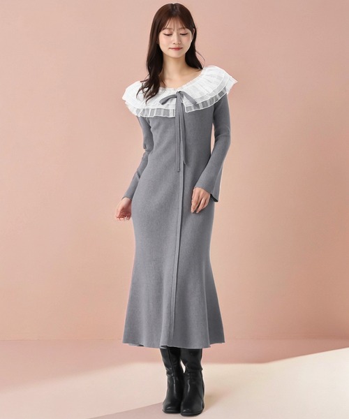 【NEW】ミッシュマッシュ（MISCH MASCH）/2025秋冬新作 レースチュール襟マーメイドニットワンピース セール】2025秋冬新作 レースチュール襟マーメイドニットワンピース