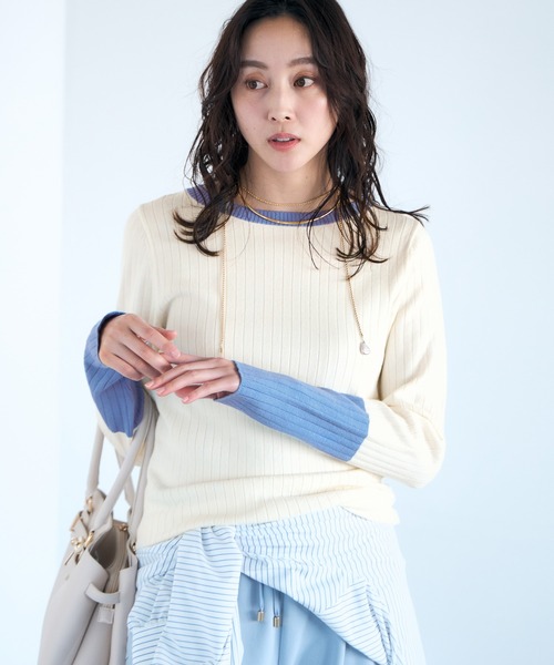 Elura(エルーラ)の「毛玉しらずリブクループルオーバー/618387(ニット/セーター・レディース・ブラック/ダークブラウン/ネイビー/ブラック×ベージュ/ライトブルー/ホワイト・FREE)」の2枚目の写真