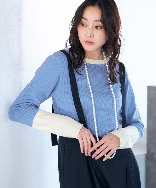 Elura(エルーラ)の「毛玉しらずリブクループルオーバー/618387(ニット/セーター・レディース・ブラック/ダークブラウン/ネイビー/ブラック×ベージュ/ライトブルー/ホワイト・FREE)」の5枚目の写真