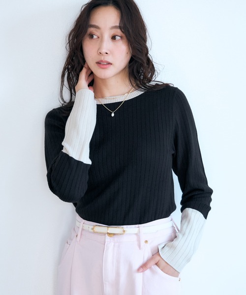 Elura（エルーラ）の「毛玉しらずリブクループルオーバー/618387（ニット/セーター・レディース・ブラック/ダークブラウン/ネイビー/ブラック×ベージュ・FREE）」の2枚目の写真