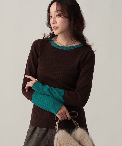 Elura（エルーラ）の「毛玉しらずリブクループルオーバー/618387（ニット/セーター・レディース・ブラック/ダークブラウン/ネイビー/ブラック×ベージュ・FREE）」の10枚目の写真