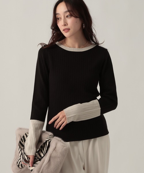 Elura（エルーラ）の「毛玉しらずリブクループルオーバー/618387（ニット/セーター・レディース・ブラック/ダークブラウン/ネイビー/ブラック×ベージュ・FREE）」の7枚目の写真