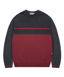 XTONZ（エクストーンズ）の「XTK175 Border V-Neck Pullover Knit (RED)（ニット/セーター・メンズ）」