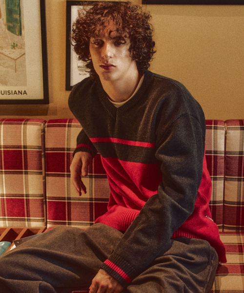 XTK175 ボーダーVネックプルオーバーニット (RED)（ニット/セーター