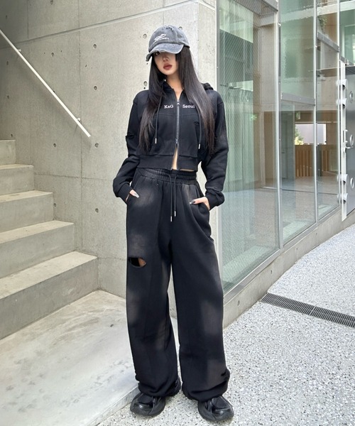 クロップドダブルジップダメージセットアップ（セットアップ）｜KsG