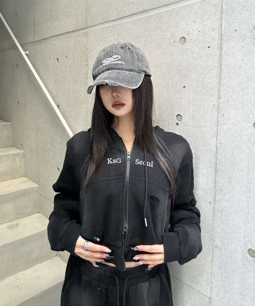 クロップドフラッフィジャケット　 完売品❣️新品❣️Sサイズ クロップドダブルジップダメージセットアップ（セットアップ）｜KsG