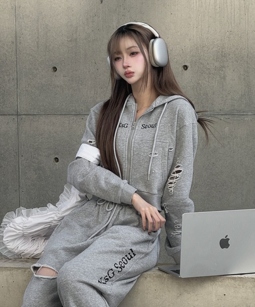 クロップドダブルジップダメージセットアップ（セットアップ）｜KsG