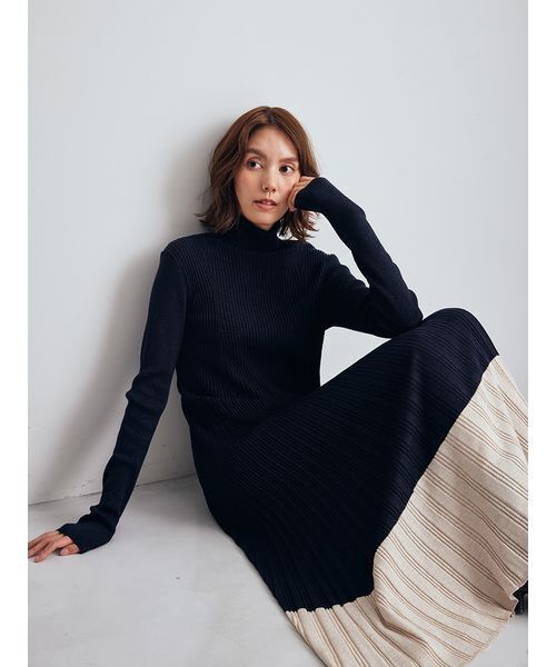 セール】タートルネックロングリブニットワンピース（ワンピース