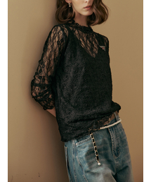 ロゴワッペンシースルーレースモックネックTシャツ