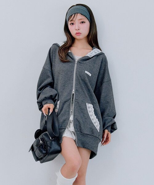 OLIVE des OLIVE（オリーブデオリーブ）の「タグ付きレースパーカー（パーカー・レディース・イエロー/ピンク/サックスブルー/チャコールグレー/トップグレー・FREE）」の15枚目の写真