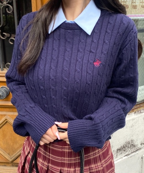BEVERLY HILLS POLO CLUB(ビバリーヒルズポロクラブ)の「【BEVERLY HILLS POLO CLUB】ケーブル編みショート丈ワンポイント刺繍ニット(ニット/セーター・レディース・ネイビー/レッド/アイボリー・F)」の6枚目の写真