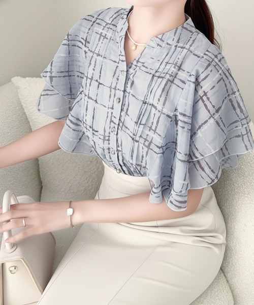 mily bilet(ミウィビレット)の「【mily bilet】大人のスパイスをこの1枚で。チェック柄フリルシアーブラウス(シャツ/ブラウス・レディース・ブラック/アイボリー/ブルー・LARGE/MEDIUM/SMALL/X-LARGE)」の10枚目の写真